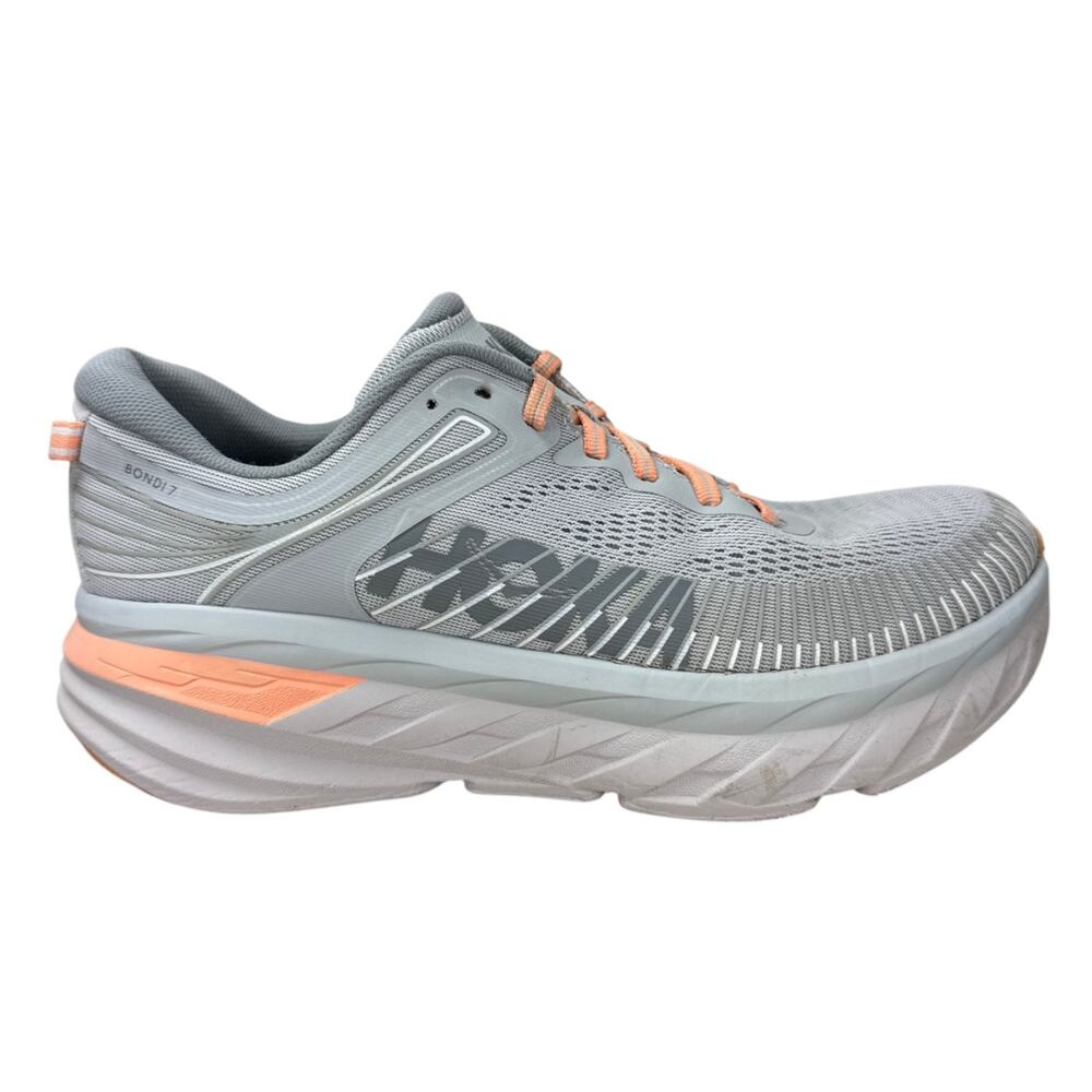 HOKA ONE ONE Bondi 7 Grey Peach Running Shoes Womens Size 9 B Chunky Sneakers